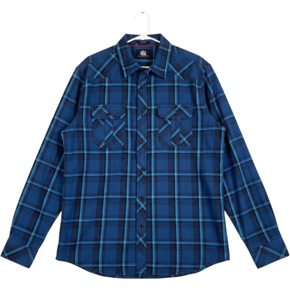 Rock & Republic Plaid Button Down Shirt Blue Black Stretch Size L